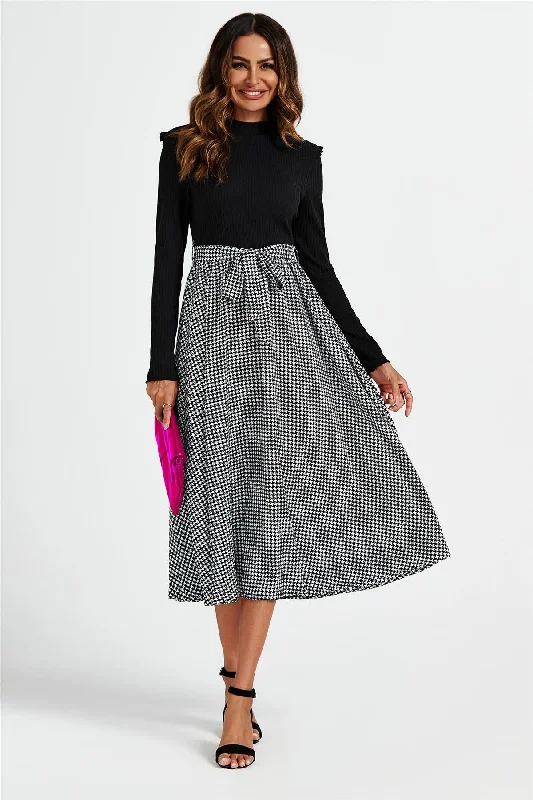 Best Offers of the Month!FS Collection 2 In 1 Black & White Houndstooth Printed Midi Dress