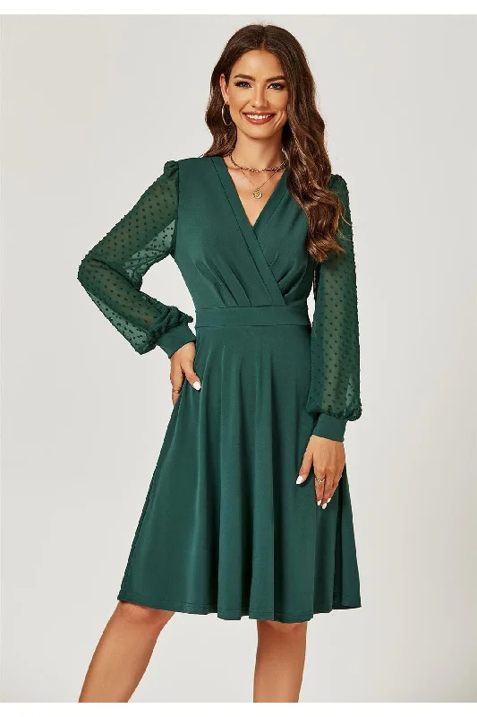 Huge Price Cuts Await!FS Collection Long Chiffon Sleeve Pleated Midi Dress In Dark Green