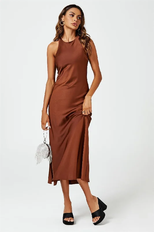 Hurry, Sale Ends Soon!FS Collection Slim Fit Satin Midi Dress In Brown