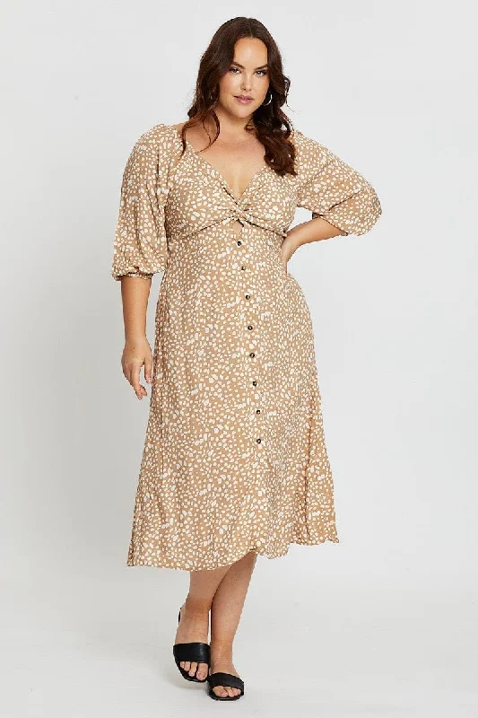 Save More When You Shop More!Geo Print 3/4 Sleeve Tie Front Button Midi Dress