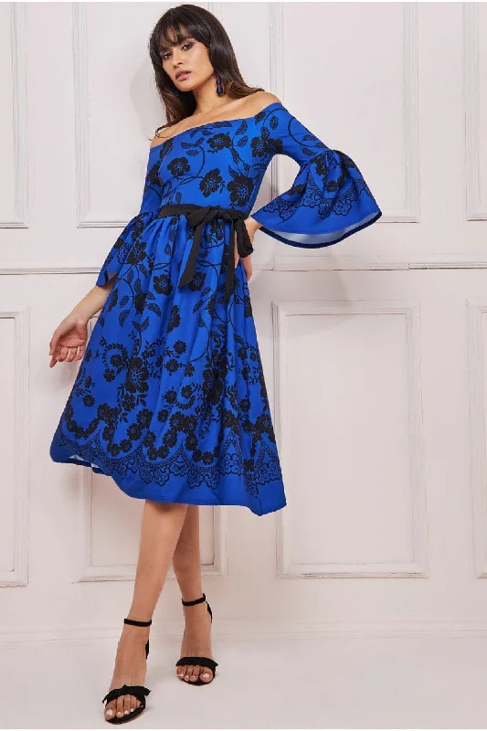 Upgrade for Less!Goddiva Printed Off The Shoulder Midi Dress - Royalblue