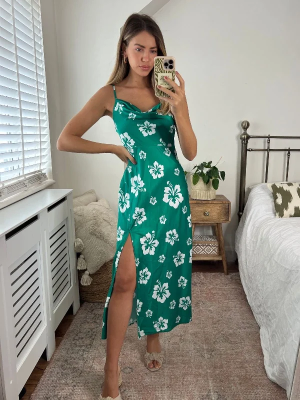 Get Ready to Save!Havana Cowl Neck Slip Dress / Green Hibiscus