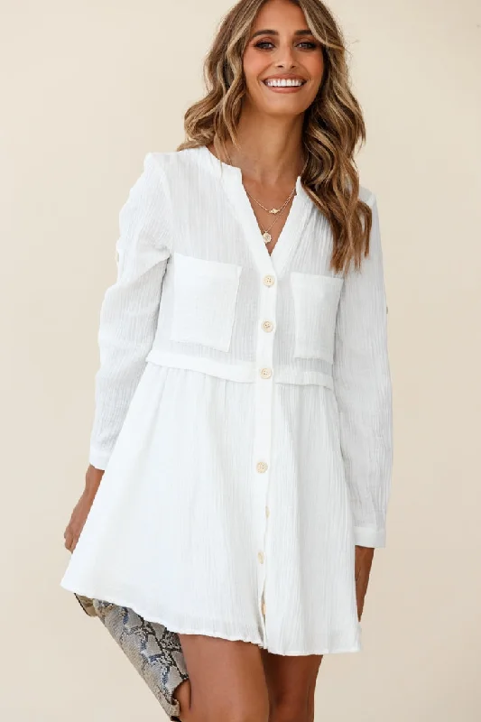 Limited Deals, Unlimited Savings!Holly Long Sleeve Double Pocket Shirt Dress White