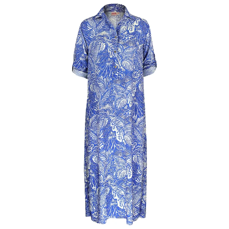 Best Offers of the Month!IS LIBBY MAXI SHIRT DRESS BLUE LEAF