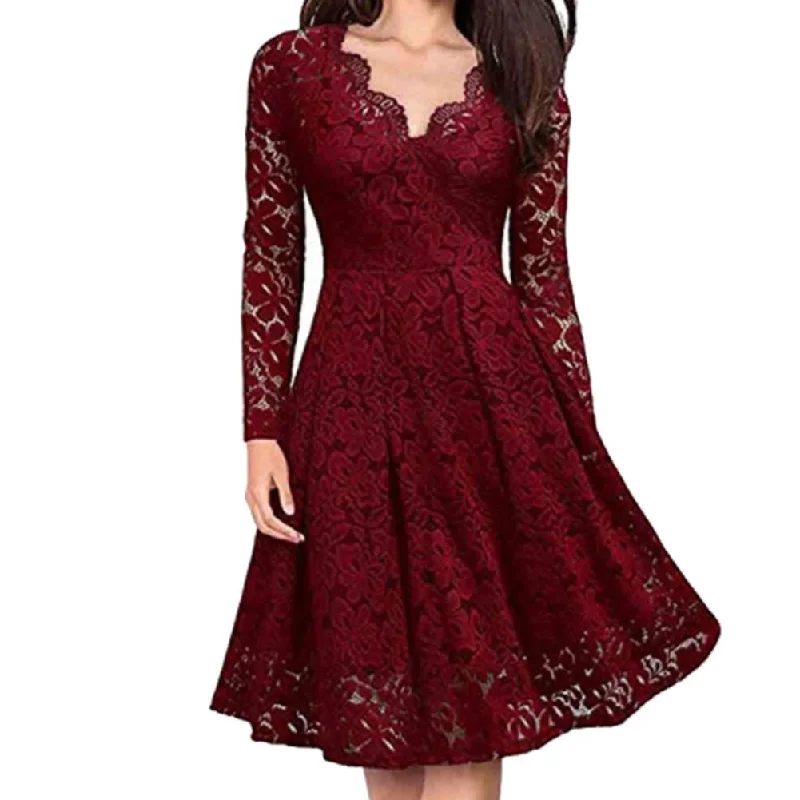 Time to Save Big!Amy Fashion - Lace Floral V Neck Long Sleeve Midi Dress