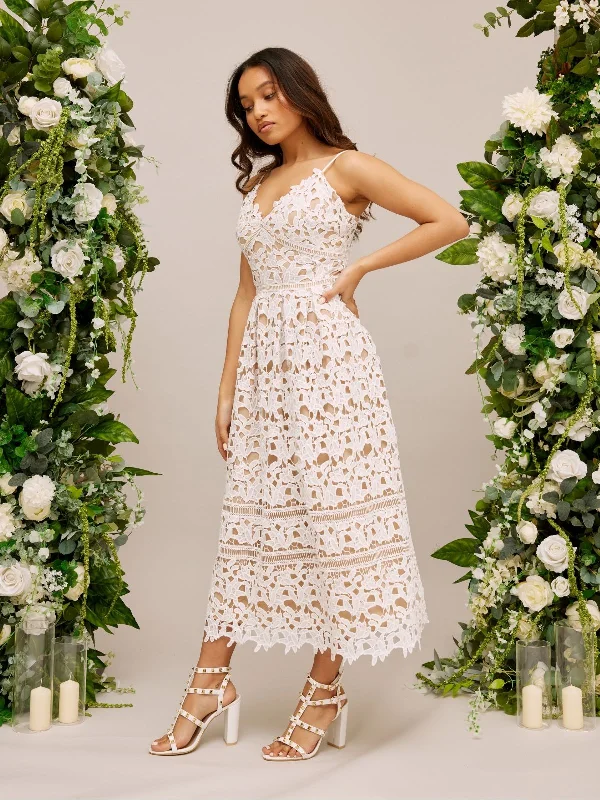 One Day Only – Huge Savings!Lace Strappy Midi Bridal Dress / White
