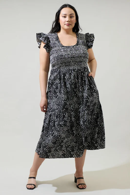 Stock Up and Save!Larsa Onyx Geometric Wendy Smocked Midi Dress Curve
