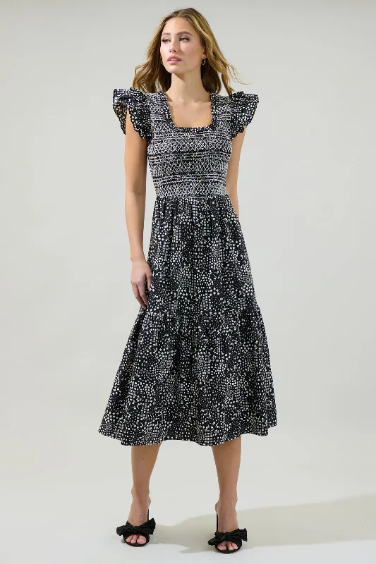 Savings You Can’t Ignore!Larsa Onyx Geometric Wendy Smocked Midi Dress