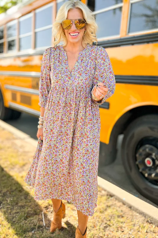 Shop More, Spend Less!Lavender Floral Collarless V Neck Midi Dress