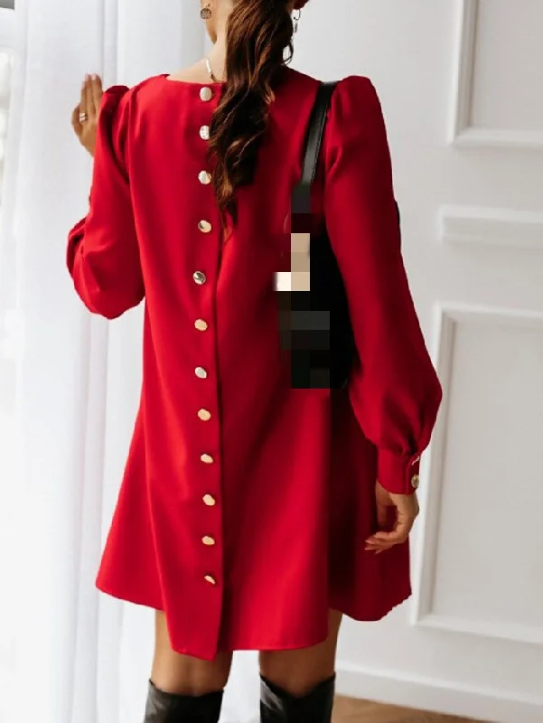 Unbeatable Prices!Amy Fashion - Long Sleeve Loose O-neck Button Solid A-line Elegant Dresses