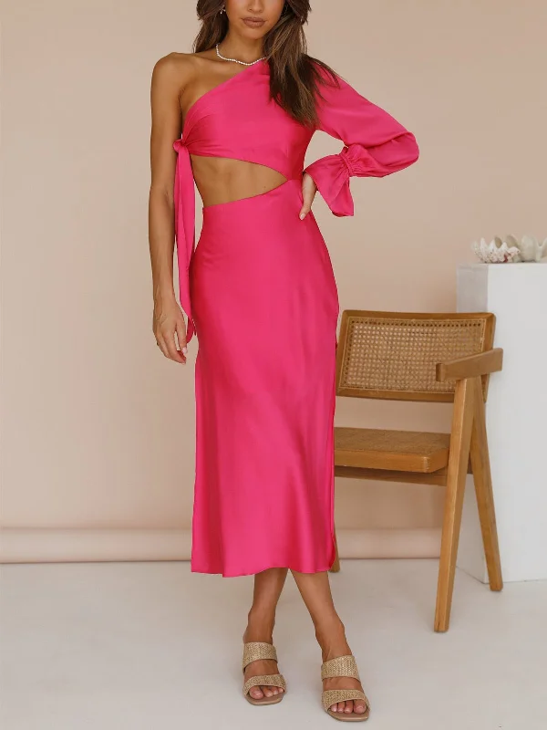 Get Ready to Save!BerriesJam - Long Sleeve One Shoulder Waist Cut Out Satin Midi Dress