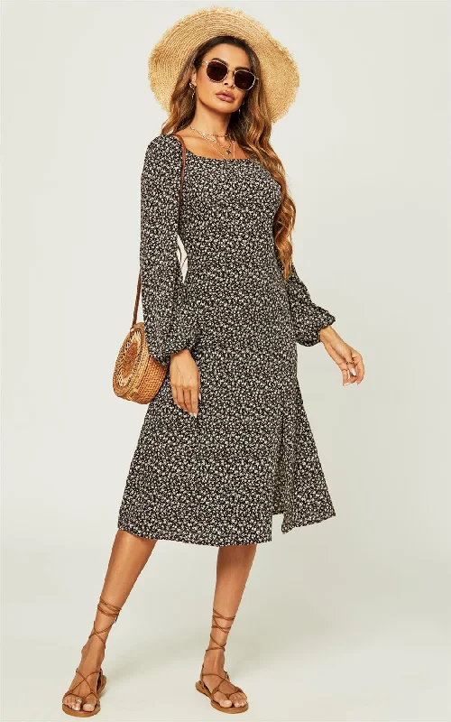 Find Your Perfect Deal Today!Long Sleeve Slip Leg Elasticated Detail Midi Dress In Black Flora Print
