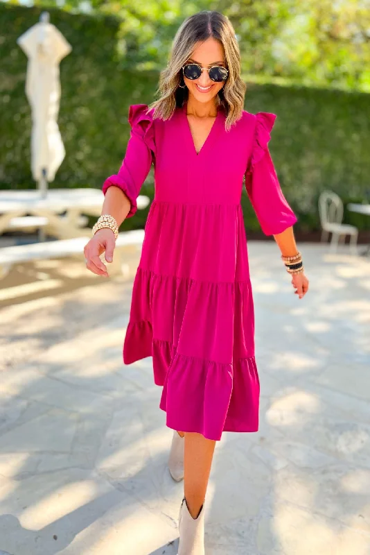 Score Big Savings Today!Magenta Three Quarter Sleeve Ruffle Shoulder Tiered Midi Dress SSYS The Label