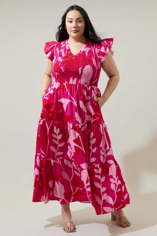 Unlock Huge Savings Now!Mila Floral Sunfire Smocked Bodice Tiered Midi Dress Curve