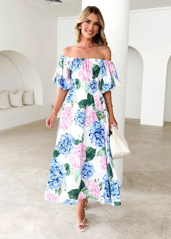 Your Chance to Save is Now!Nadia Off Shoulder Midi Dress - Blue Hydrangea