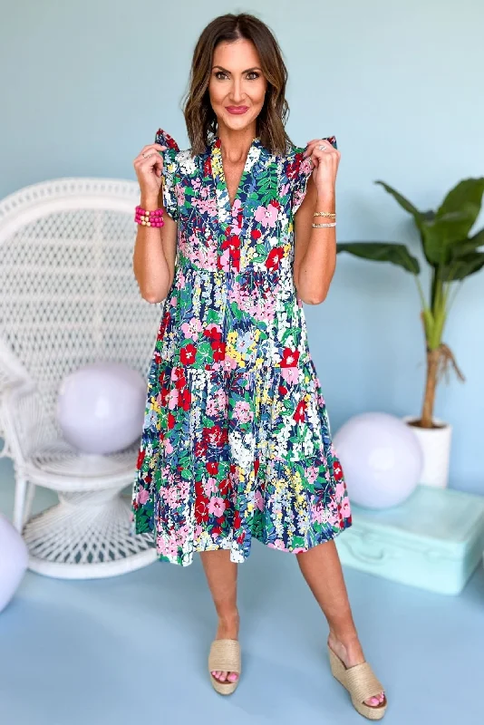 Mega Sale Happening Now!Navy Floral Flutter Sleeve V Neck Tiered Midi Dress