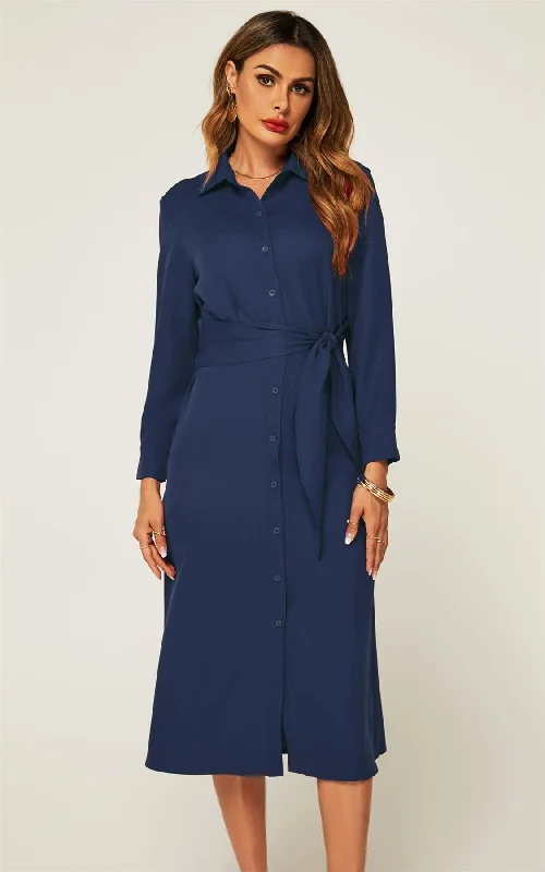 Price Drop Alert!Navy Midi Shirt Dress With Tie Waist