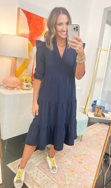 Special Discounts Inside!Navy Three Quarter Sleeve Ruffle Shoulder Tiered Midi Dress SSYS The Label
