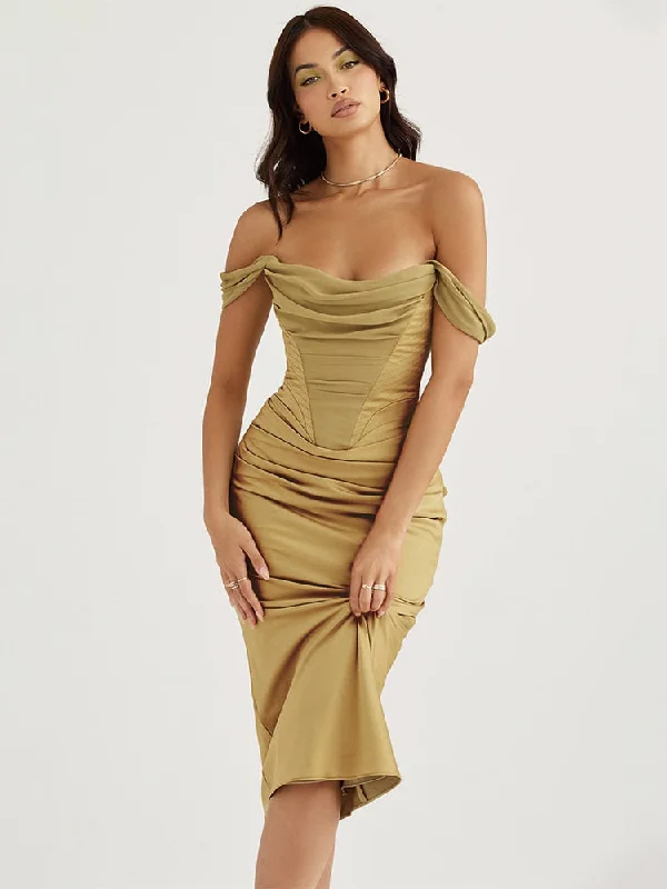 Time to Save Big!BerriesJam - Off Shoulder Elegant Draped Neck Satin Midi Dress