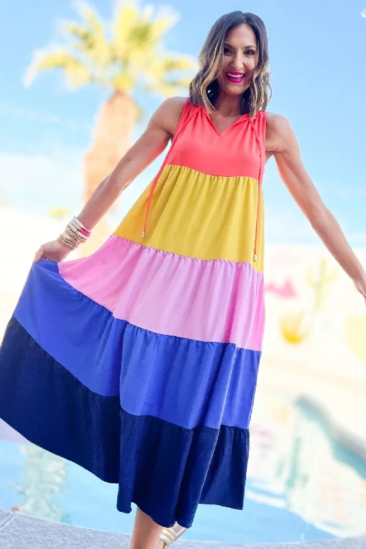 Score Big Savings Today!SSYS Orange Color Block V Neck Sleeveless Tiered Maxi Dress