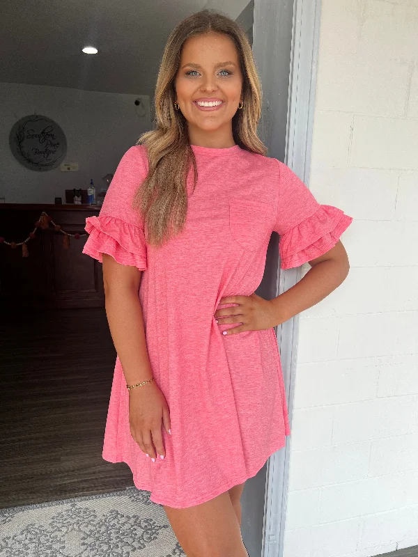 Shop More, Spend Less!Pink ruffle sleeve tshirt dress