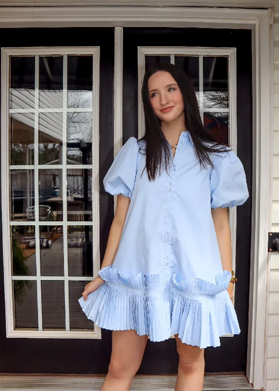 Seasonal Sale – Shop Now!Pleated Hem Shirt Dress in Blue