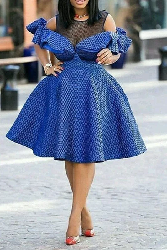 Stock Up and Save!Polka Dot Cold Shoulder Sweet Ruffle Patchwork Midi Dress