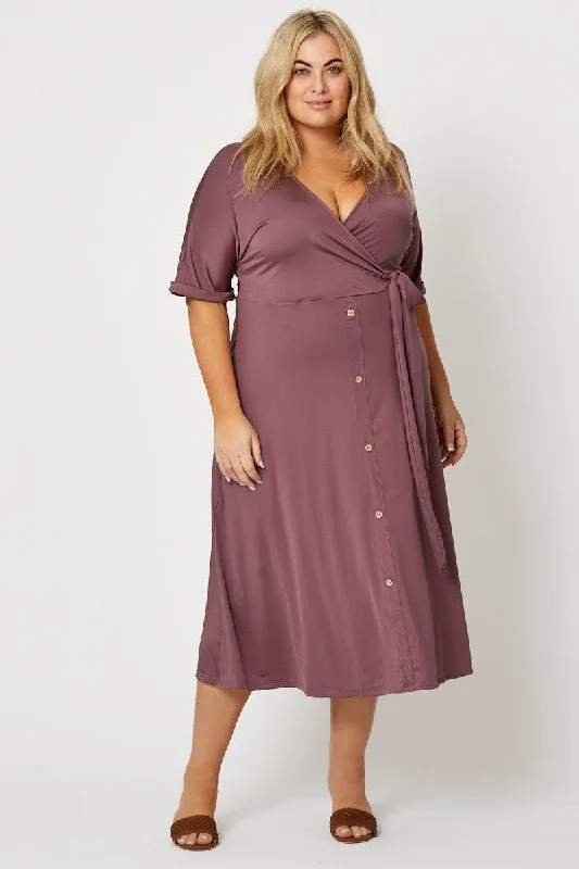 Exclusive Deals Just for You!Purple Midi Dress V-neck Short Sleeve Waist Tie