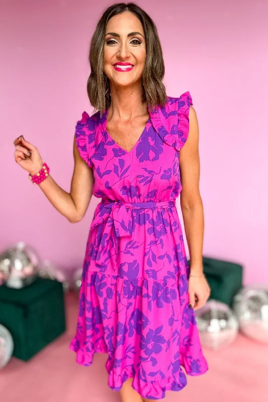 Shop Early, Save Big!Purple Pink Floral V Neck Ruffle Sleeveless Midi Dress