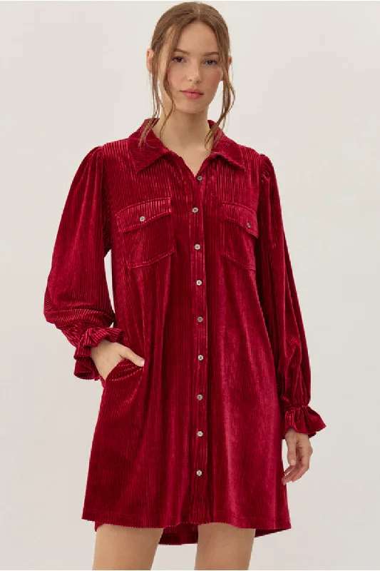Score Big Savings Today!Red Corduroy Velvet Shirt Dress