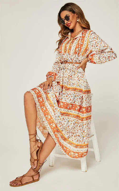 Save More with Every Purchase!Relaxed Block Color Floral Printed Midi Dress In Orange