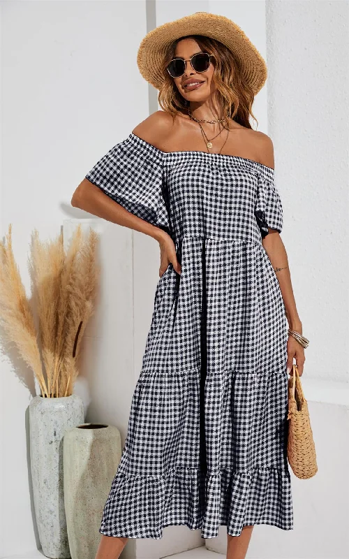 Seasonal Sale – Shop Now!Relaxed Off Shoulder Bardot Frill Midi Dress In Black