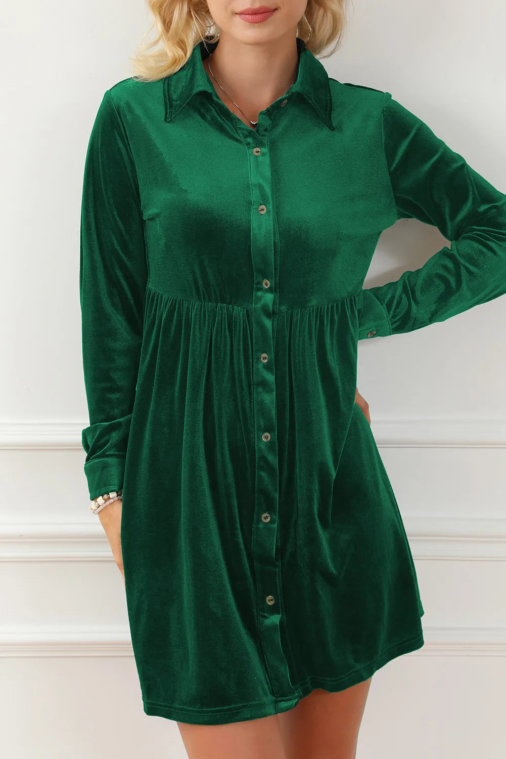 Mega Sale Happening Now!Ruched Button Up Collared Neck Long Sleeve Shirt Dress