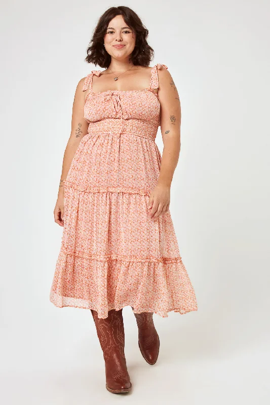 Today Only – Don’t Miss It!Rust Floral Tie Shoulder Midi Chiffon Dress