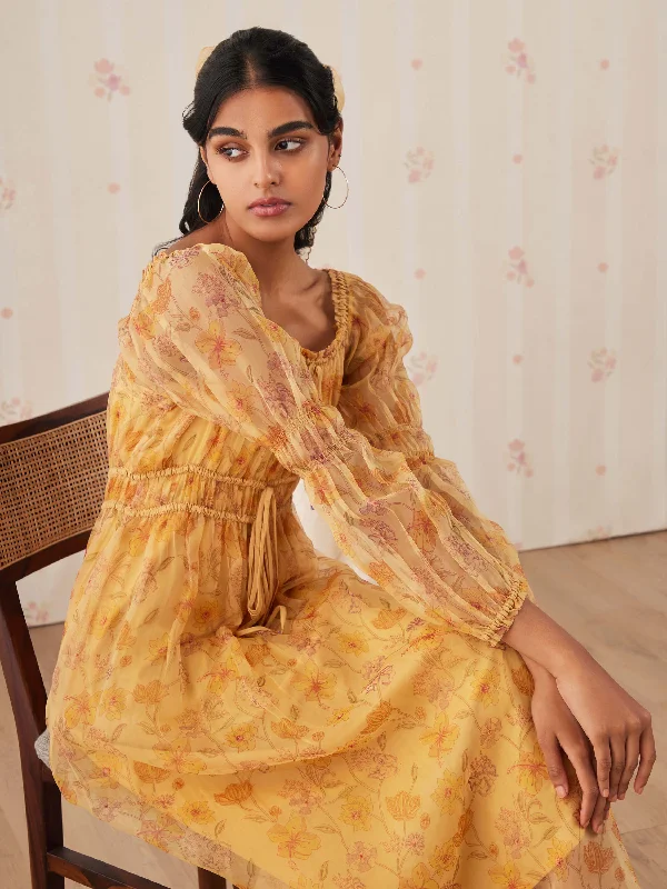 Your Shopping Spree Starts Here!Saffron Shirred Organza Midi Dress
