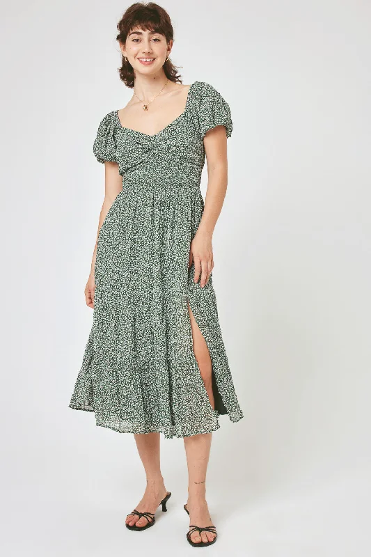 Don’t Wait – Shop Today!Sage Floral Puff Sleeve Twist Midi Dress