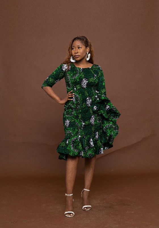 Limited-Time Price Drop!Saria Ankara Midi Dress | Green and White African Print