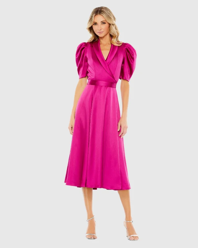 Your Wallet Will Thank You!Hot Pink Satin Lapel Puff Sleeve Tea Length Dress
