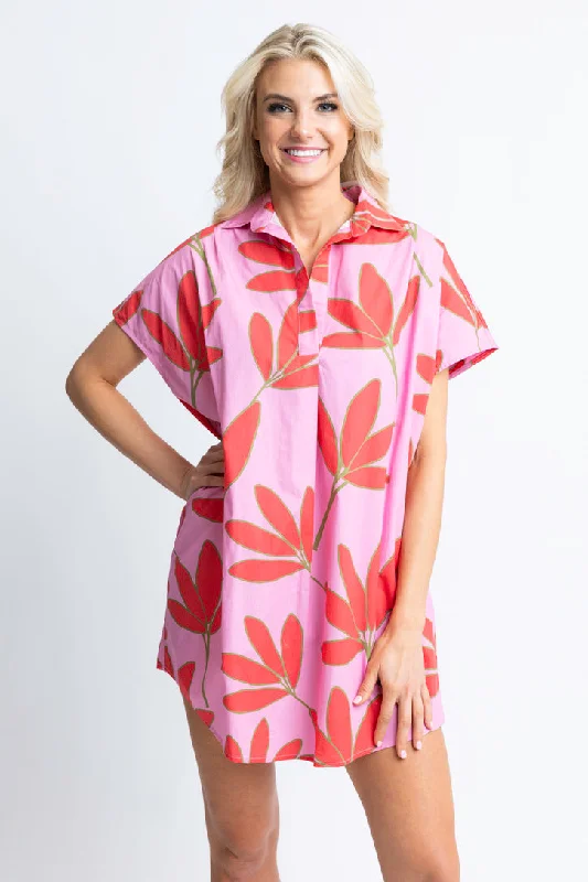 Save Money, Shop Happy!Satin Palm Floral Vneck Shirt Dress
