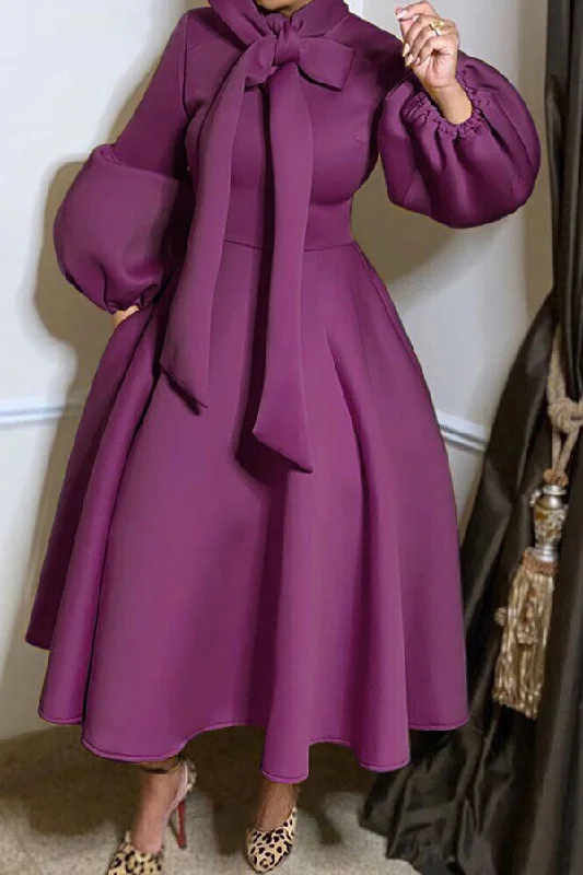 Shop Today, Save Tomorrow!Solid Color Pretty Pussy Bow Midi Dress