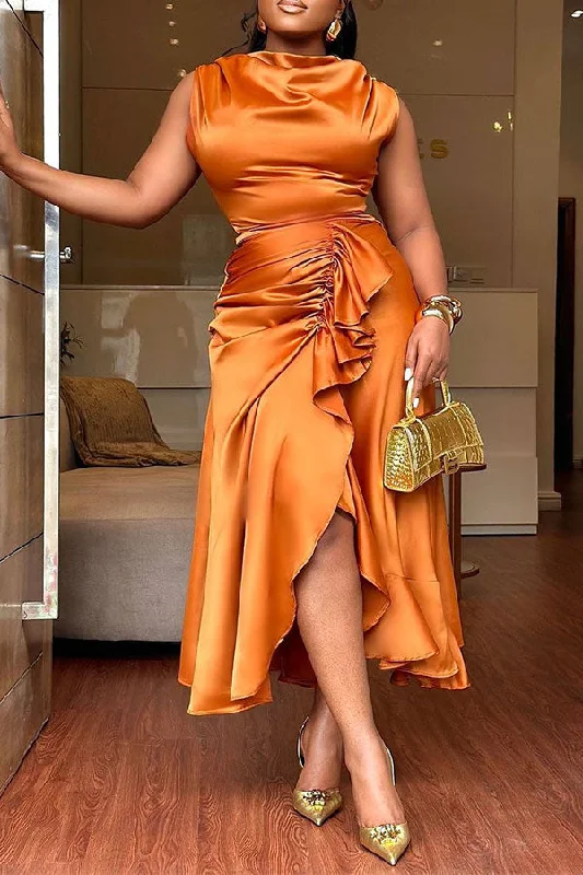 One Click Away from Big Savings!Solid Color Striking Ruffles Irregular Slit Midi Dress