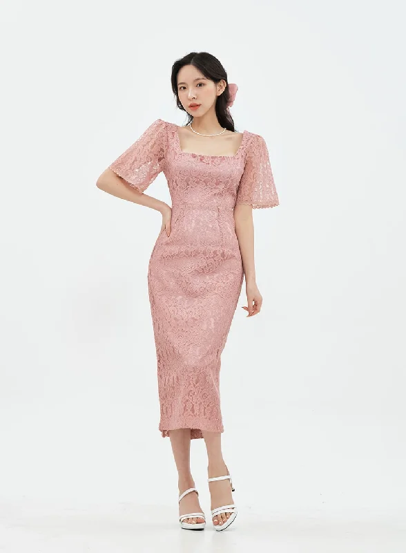 Buy One, Get One Free!Square Neck Lace Maxi Party Dress IA13