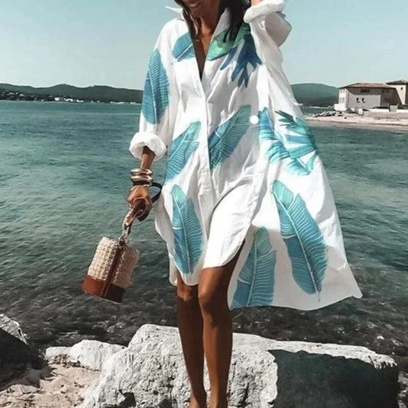 Limited Edition, Limited Price!Summer Dresses Turn-down Collar Print Casual Long Sleeve Shirt Dress Oversized Loose Beach Party Vestidos Robe Blouse