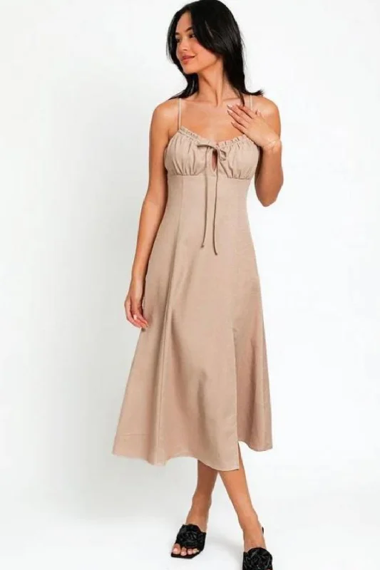 Your Chance to Save is Now!Hot Girl Tasha Flare Front Tie Slit Midi Dress In Beige