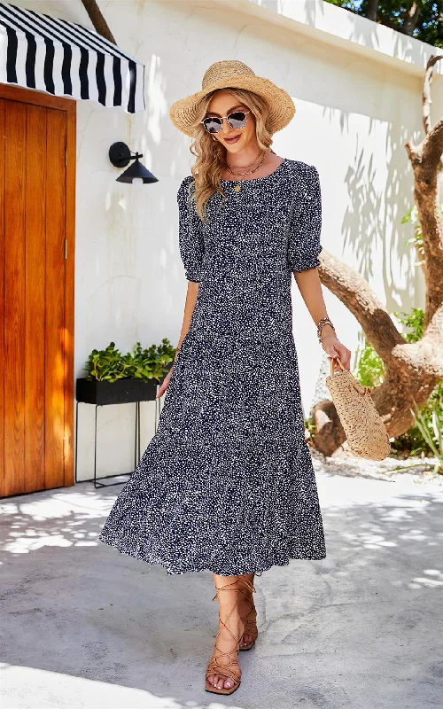 Buy One, Get One Free!White Dot Short Sleeve Relaxed Smock Dress In Navy