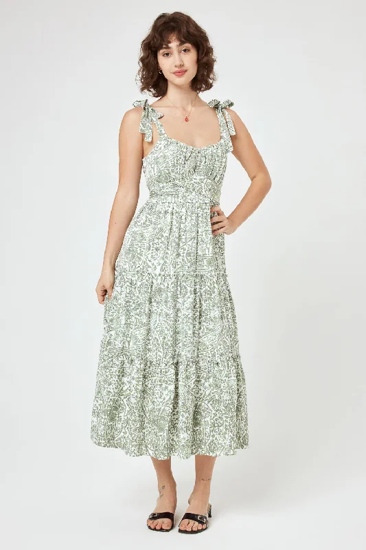 Price Drop Alert!White Green Floral Tie Shoulder Ruffle Midi Dress