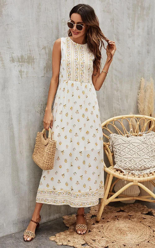 More Discounts, More Joy!Yellow Floral & Strip Print Midi Dress In White